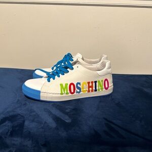 Moschino White Sneakers with Bright Blue Laces and Toe
